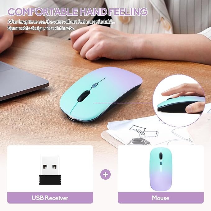 Wireless Bluetooth Mouse,LED Dual Mode Rechargeable Silent Slim Laptop Mouse,Portable(BT5.2+USB Receiver) Dual Mode Computer Mice,for Laptop,Desktop Computer,ipad Tablet,Phone,Mac(Green purple)