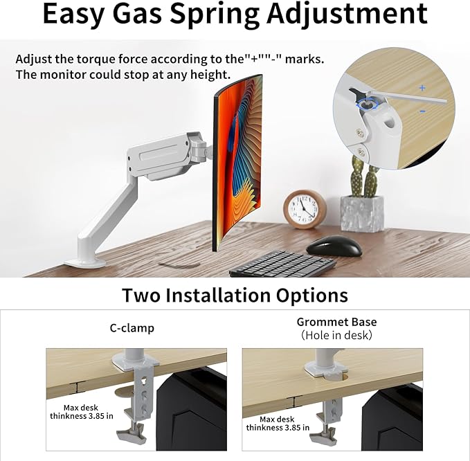 Suptek Monitor Mount Gas Spring Monitor Arm Desk Mount Fully Adjustable Fits 17 20 22 23 24 26 27 32 35 inch Monitors Weight Capacity up to 24.25 lbs, White