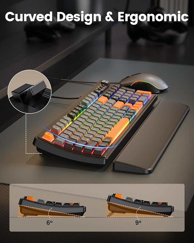 SABLUTE Gaming Keyboard and Mouse, Quiet Membrane Keyboard with RGB Backlit, PC Gaming Keyboard with Multimedia Knob, Anti-Ghosting, Ergonomic Wrist Rest & 3200 DPI Mouse for Gamer/Office