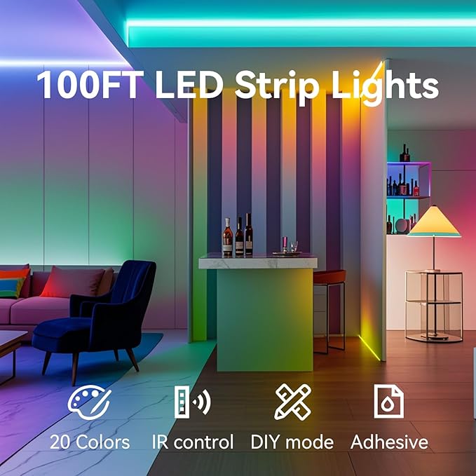CHARKEE LED Lights for Bedroom 100 ft, Color Changing LED Strip Lights with 44-Key Remote, 24 Volt RGB SMD2835 Tape Lights for Bedroom, Room Decor, Indoor, IG, TikTok, DIY(44key Remote)