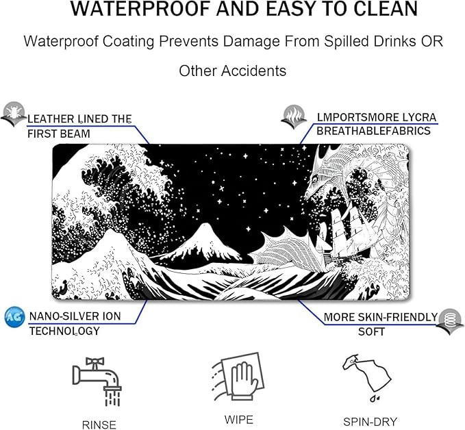 Large Gaming Mouse Pad, Waterproof Extra Large Big Mouse Pad with Stitched Edge, XXXL Non-Slip Black Computer Long Mousepad for Gamer, Office & Home, Black White Dragon