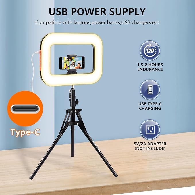 Rechargeable Portable Ring Light for Phone, LED Smartphone Light, Phone Video Stabilizer, Square Ring Light for Photography, Video Recording, Live Stream