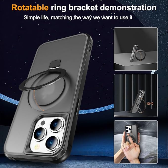 SKYLMW Compatible with iPhone 14 Pro Case with Invisible Magnetic O-Ring Stand Military-Grade Translucent Case for iPhone 14 Pro 6.1" [Compatible with Mag-Safe][Great Grip Feeling], Black