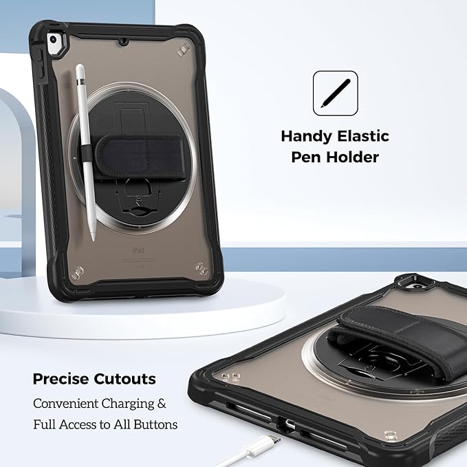 ProCase Rugged Case for iPad 9.7 Inch 5th 6th Gen/iPad Air 2 / iPad Pro 9.7 Case, Heavy Duty Shockproof Rugged Cover with Hand Strap 360 Degree Rotatable Kickstand Protective for iPad 9.7" -Black