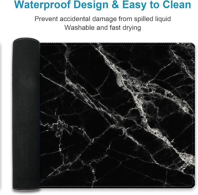 XXL Waterproof Office Desk Pad Protector 35.4x15.7 Inch - Extended Gaming Mouse Pad with Non-Slip Rubber Base, Thickened Keyboard Mat, Stitched Edges & Black White Marble Design