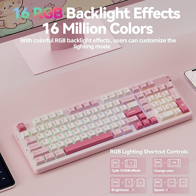 LEOBOG A98 Wireless Mechanical Keyboard, Tri-Mode BT5.0/2.4GHz/USB-C, Creamy Keyboard with Number Pad, Gasket Structure Hot Swappable, PBT Keycaps, RGB Backlit Pink Gaming Keyboard with Knob for PC