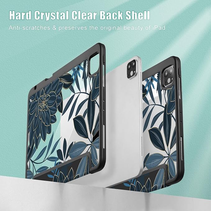 Tuiklol for iPad Pro 11 Inch 4th / 3rd / 2nd / 1st Gen (2022 2021 2020 2018) Case -Built-in Pencil Holder Shockproof Cover Clear Transparent Back Shell with Auto Wake/Sleep, Black Flower