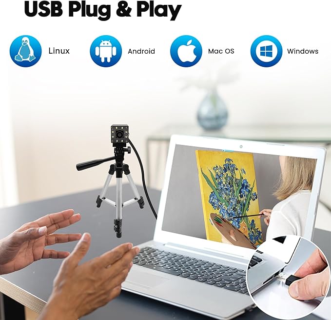 SVPRO 12MP USB Camera with Light, 4K Webcam 30fps / 1080P 120fps High Speed, IMX577 Sensor Low Light, USB Plug and Play for Lightburn, PC/Laptop, Comptible with Windows/MacOS/Linux/Android