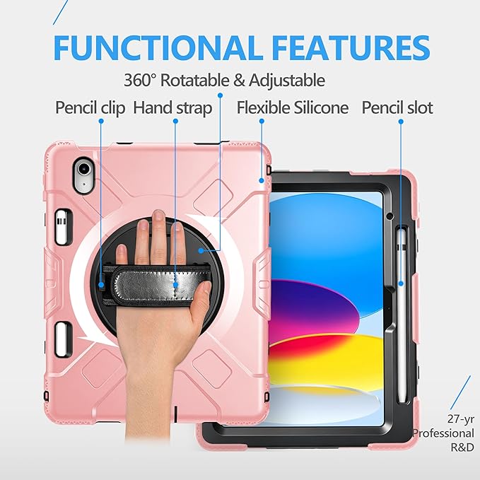Case for iPad (A16) 11th/10th Generation Case: Protective Cover for iPad 11th Gen 11 Inch 2025 &10th Gen 10.9" 2022 with Screen Protector- Stand- Shoulder Strap- Handle- Pencil Holder-Black+Pink