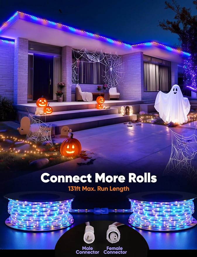 33FT Outdoor LED Strip Lights RGB+IC with Warm&Cool White, ETL Listed Music Sync Light Strip AC 120V, IP65 Waterproof and Connectable, for Party Festival Eave Porch Patio Every Day Decor