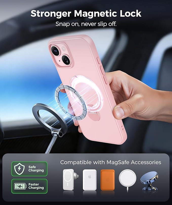 FNTCASE for iPhone 15 Plus Case: iPhone 14 Plus Phone Case [360 Spin Magnetic Stand] [Compatible with Magsafe] [Screen Protector] Translucent Matte Military Grade Shockproof Phone Cover - Pink