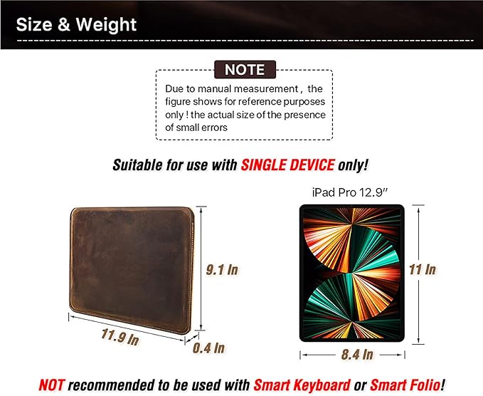 Top Grain Genuine Leather 12.9" iPad Sleeve Case, Minimalist Vintage Design, Handmade, Compatible with 12.9" iPad Pro 3/4/5/6 Gen, Fits A1876 A1865 A1983 A2014 A2229 A2232, Coffee 12.9 Inch