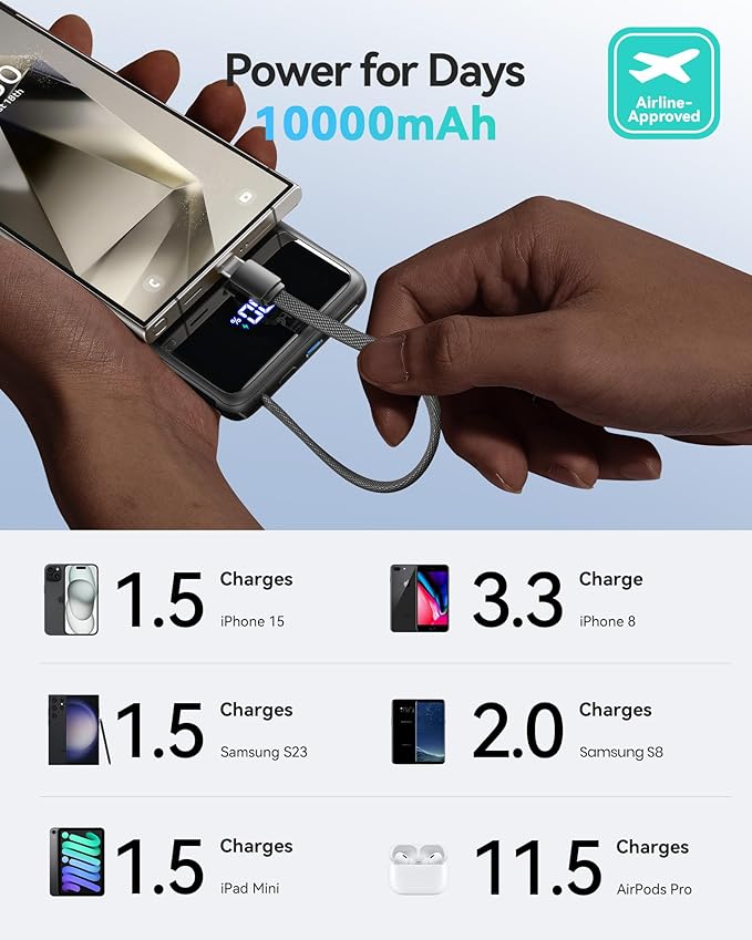 INIU 45W Power Bank, Slimmest 10000mAh Portable Charger with Built in USB-C Cable, Fast Charging USB C in&Out Battery Pack, Travel External Phone Charger for iPhone 17 16 15 Samsung S24 S23 Google etc