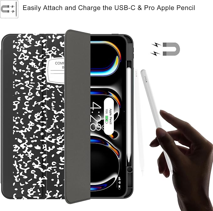 Soke Case for New iPad Pro 13 Inch (M5/M4, 2025/2024 Release), with Pencil Holder Trifold Stand Shockproof [Support Apple Pencil Charging + Auto Wake/Sleep], Soft TPU Back Cover, Book Black