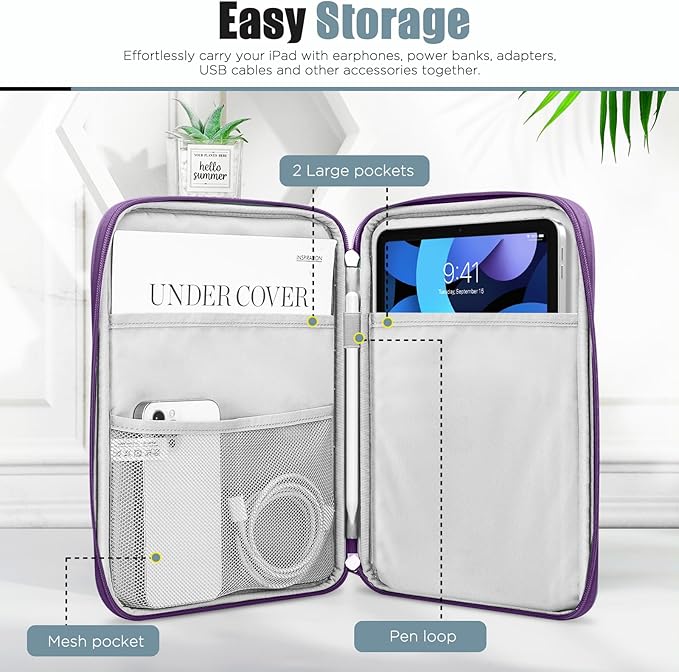 TiMOVO 9-11" Tablet Sleeve Bag for iPad 11-inch A16 2025, iPad 10.9"/10.2"| Air 11 Inch/5th/4th Gen. 10.9", Galaxy Tab A9+/A11Plus 11", Protective Bag with Pocket, Watercolor Purple