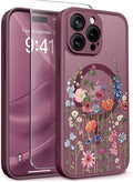 GVIEWIN for iPhone 15 Pro Case Compatible with MagSafe, [Military Grade Protection] [Screen Protector] Full Camera Protection Floral Translucent Women Magnetic Phone Case, Wild Petals/Red