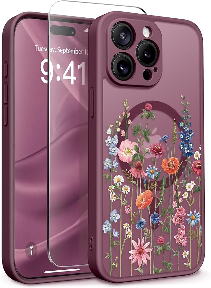 GVIEWIN for iPhone 15 Pro Case Compatible with MagSafe, [Military Grade Protection] [Screen Protector] Full Camera Protection Floral Translucent Women Magnetic Phone Case, Wild Petals/Red