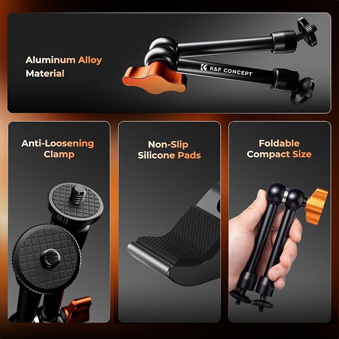 K&F CONCEPT 9.8" Magic Arm Clamp Kit with 1/4" & 3/8" Thread Screw 360° Ball Heads Articulating Magic Arm Camera Mount for Monitor, Flash, LED Light, Microphone, Camera Cage, Action Camera