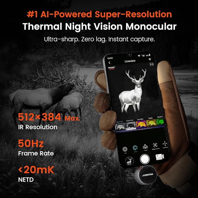 TNV30i Thermal Monocular for USB-C iPhone, iPad & Android, Night Vision Thermal Imaging Camera, 512×384 Super-Resolution 50Hz 20mK 1600-Yard Thermal Infrared Camera for Hunting, Building Detection
