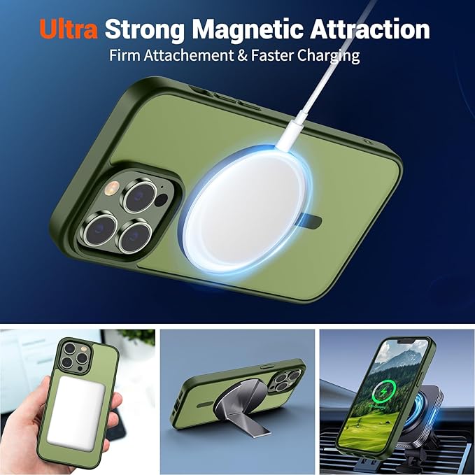 SUPFINE Magnetic for iPhone 13 Pro Case (Compatible with MagSafe) (Military Grade Drop Protection) Slim Translucent Matte Shockproof with Anti-Fingerprint Phone Case,Cangling Green