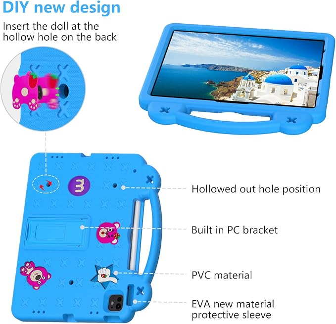 Cute Kids Case for Apple iPad Air 13" M4 M3 M2 2026 2025 2024/ iPad Pro 13 2025 2024/ Pro 12.9 2022/2021/2020/2018, DIY Figures Kickstand EVA Handle Case with Shoulder Strap Shockproof Cover,SkyBlue
