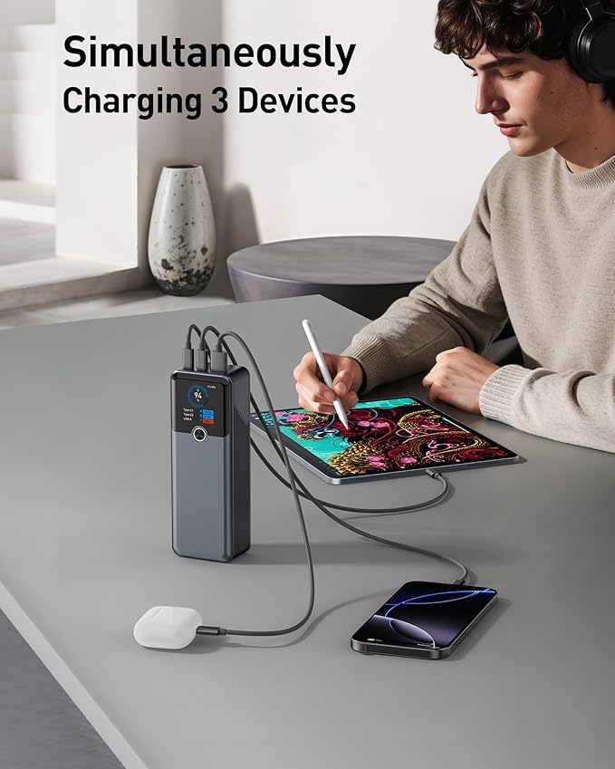 SIXTHGU Laptop Power Bank, 3-Port 20,000mAh Portable Charger with 200W Max Output, PD 3.1 Fast Charging, Flight-Approved for Travel, PowerTower, for MacBook, iPhone 17/16 Series, and More(Grey)