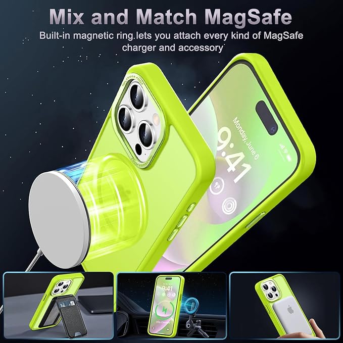 Newfuture Upgraded Magnetic for iPhone 15 Pro Max Case [Compatible with Magsafe] [Mil-Grade Protection], Pocket-Friendly, Translucent Phone Case Cover for iPhone 15 Pro Max 6.7", Fluorescent Green