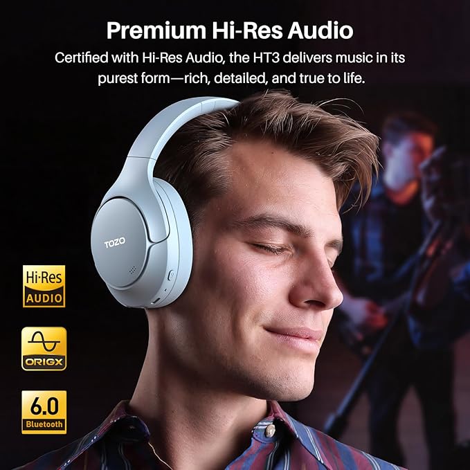 TOZO HT3 Hybrid Noise Cancelling Headphones, 90H Battery Life Wireless Over Ear Bluetooth 6.0 Foldable Headset, AI Voice Assistant with 5 Mics, Connect 2 Devices & Hi-Res Sound, 32 Audio EQ, with Case