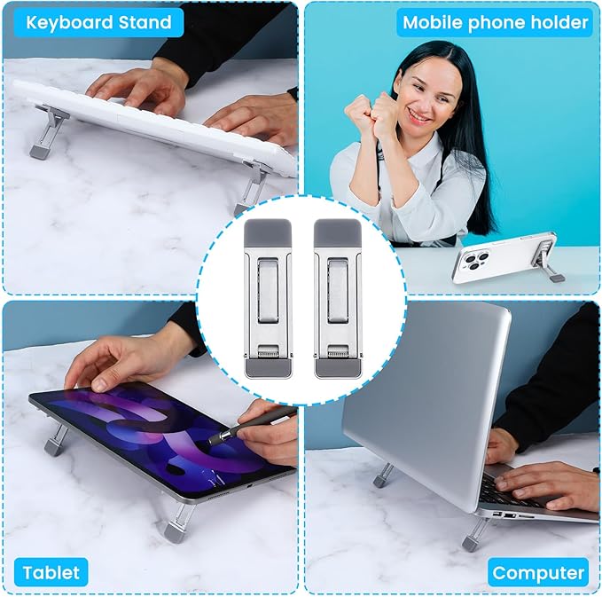 Mini Portable Laptop Stand for Desk, Portable Keyboard Riser Three Tilt Angle Adjustable Foldable Invisible Laptop Riser Self-Adhesive Computer Stand Feet for Most Keyboards (Silver, 2)