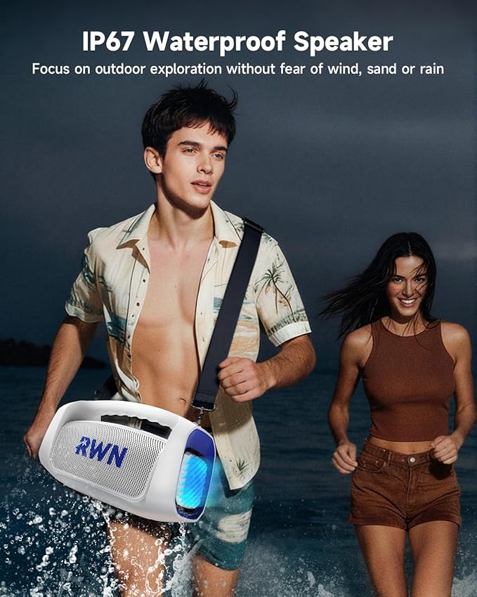 RWN Outdoor Bluetooth Speaker: 160W Loud Sound, IP67 Waterproof with 24H Playtime, Fast Charge, Bass, TWS, Portable Wireless Speakers with Light Show for House, Party, Projector, Beach (Blue+White)
