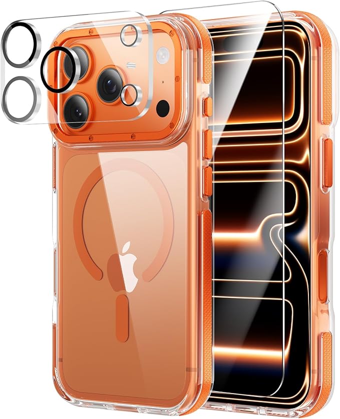 Anti-Yellowing for iPhone 17 Pro Max Case，1X Screen Protector +1X Camera Lens, [Compatible with MagSafe] [12FT Military Grade Drop] Slim Thin Phone Cover 6.9 Inch,Clear Orange