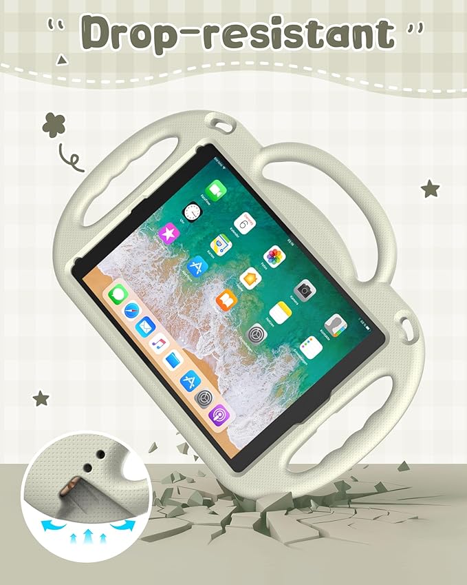 Kids Case for iPad 5th/6th Generation (9.7 inch, 2017/2018) & iPad Air 1/2 9.7" & Pro 9.7, Durable Shockproof Lightweight Kids Cover with Shoulder Strap/Handle/Kickstand, Light Grey