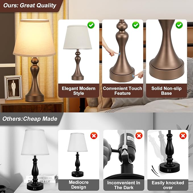 Seealle Touch Lamps for Nightstand - Bedside Lamps Set of 2, 3 Way Dimmable, USB C+A for Bedroom & End Tables (Brown&Oat)