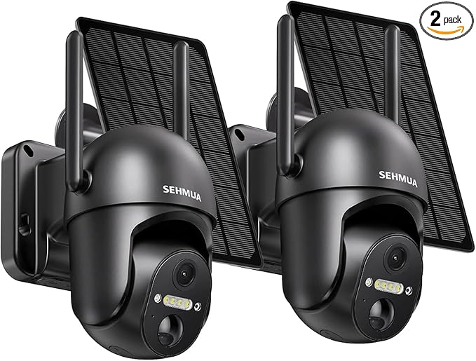 SEHMUA 2 Pack Outdoor Camera Wireless, 2K Solar Security Cameras Wireless Outdoor 360° View Solar Powered Camera, WiFi Home Security with Spotlight Color Night Vision, Black