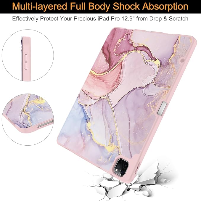 Soke Case for iPad Air 13 Inch (M4/M3/M2,2026-2024), iPad Pro 12.9" 6th/5th Generation with Pencil Holder(2021 2022 Release)-[Apple Pencil Charging + Auto Wake/Sleep] Soft Back Cover, Dreamy Marble