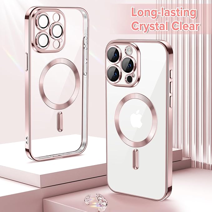 Hython Magnetic Clear for iPhone 15 Pro Max Case with Camera Lens Protector [Compatible with MagSafe] Plating Edge Slim Soft TPU Cover Protective Phone Case for iPhone 15 Pro Max 6.7", Pink