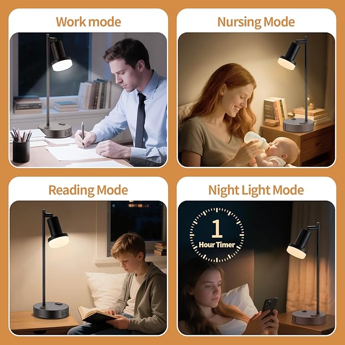 Industrial Table Lamp with Remote Control for Stepless Dimmer & Temperatures, Bedside Lamp with USB C+A Ports and AC Outlet, Flexible Head-Desk Lamp for Bedroom, Living Room, Office (Black)