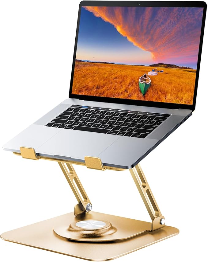 JOYEKY Laptop Stand for Desk, Adjustable Computer Stand with 360° Rotating Base, Ergonomic Laptop Riser for Collaborative Work, Foldable & Portable Laptop Stand, fits for All 10-16" Laptops (Gold)