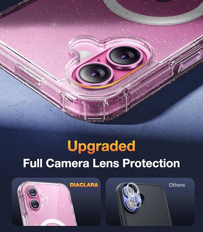 Diaclara Magnetic Designed for iPhone 16 Plus Phone Case,[Full Camera Protection] 360 Clear Bumper Compatible with MagSafe Built-in Screen Protector for 16 Plus,Magnetic Clear Glitter