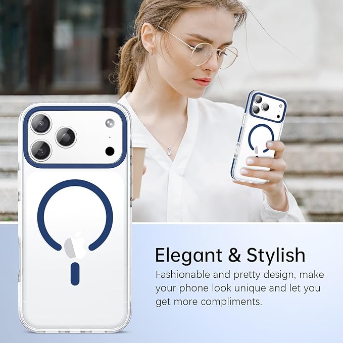 BENTOBEN Magnetic for iPhone 17 Pro Max Case 6.9", Compatible with Magsafe Military Shockproof Protective Bumper Cute Transparent Slim Anti-Yellowing Case for iPhone 17 Pro Max Cover, Clear Deep Blue