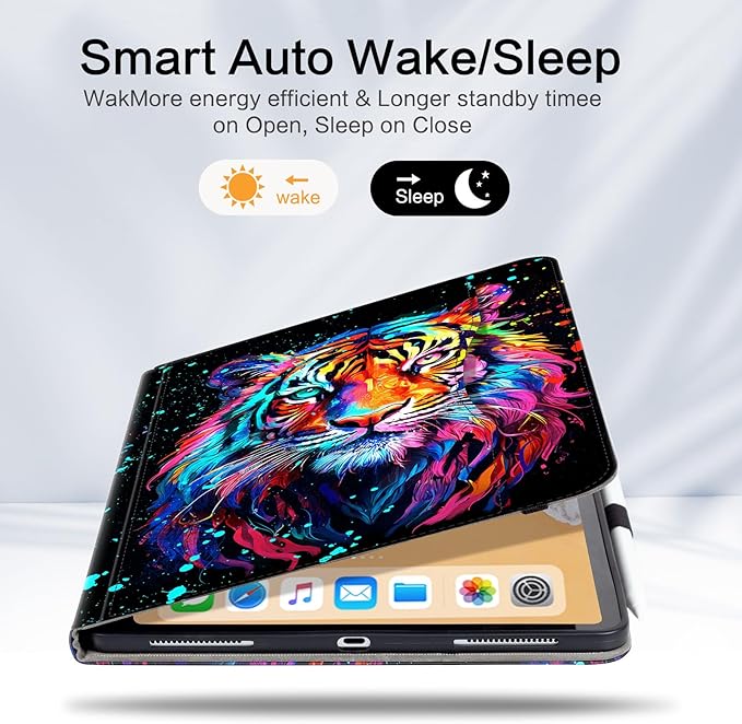 Lokigo for iPad Air 13 Inch Case M4/M3/M2 (2026/2025/2024), iPad Pro 12.9 Inch Case 6th/5th/4th/3rd Gen with Pencil Holder/Hand Strap/Pocket, Support Touch ID, Multi Angles View Stand, Tiger
