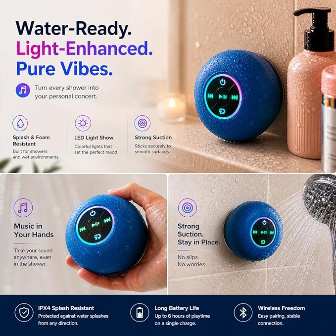 Bluetooth Shower Speaker with LED – Portable Wireless Mini Speaker with Mic & Suction Cup, IPX4 Water Resistant for Shower, Travel, Pool, River Floating, and Outdoor Fun (Blue)