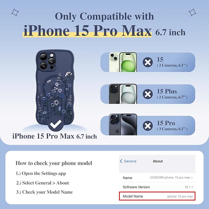 GVIEWIN for iPhone 15 Pro Max Case Compatible with MagSafe [Curly Wave Edge][Full Camera Protection] Floral Translucent Shockproof Magnetic Women Phone Case for 15 Pro Max 6.7'', Floratopia/Blue