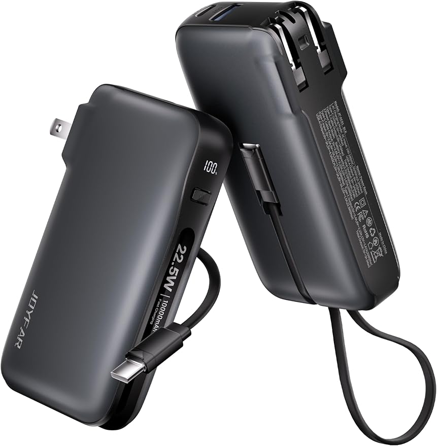 JOYFAR 1 Pack Portable Charger with Built-in USB-C Cable & Plug, 10,000mAh 5V/4.5A Power Bank Fast Charging 22.5W, Travel Essential Battery Pack 3 Output for iPhone 16/15 Series, Samsung Galaxy, iPad