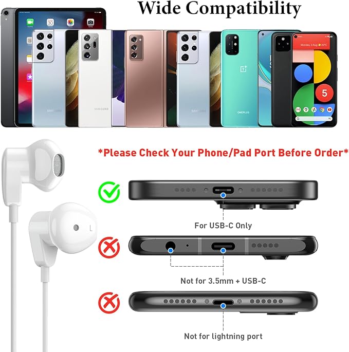 USB C Headphones for iPad Pro/iPhone 17 16 15 Pro Max Air HiFi Stereo USB-C Wired Earbuds Microphone Volume Control Type C Earphone for Samsung S26 S25 S24 S23 Ultra S22 S21 Note 20 Pixel 10 9 8 7 6 5