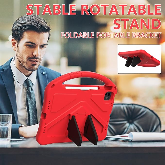 Kids Case for iPad Air 11 inch M4/M3/M2 (2026/2025/2024) with Pencil Holder/Shockproof Handle/Kickstand/Slim Lightweight Soft EVA Foam Folio Stand Tablet Protective Girls Boys Cover, Red