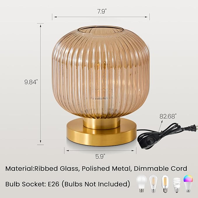 Mid Century Globe Table Lamp: Amber Vintage Pumpkin Ribbed Glass Dimmable Plug in Bedside Lamps - Cute Brass Gold Modern Side Table Lamp Nightstand Light for Bedroom Entryway Office Desk Living Room
