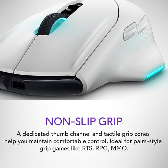 Alienware Wireless Gaming Mouse AW620M - Wireless/Wired, 1 x USB - 4 pin USB Type A, 26000 dpi, 3.52oz (99g) Weight, 7 Buttons, Non-Slip Grip, up to 140 Hours of Gaming - Lunar Light