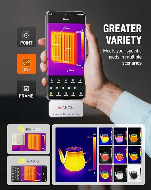 ANCEL IR101 Thermal Imaging Camera for Android, 256x192 IR Resolution, 25Hz Real-Time USB-C Thermal Camera – Detect Heat Leaks, Electrical Faults & PCB Defects for Home, Automotive & DIY Repairs