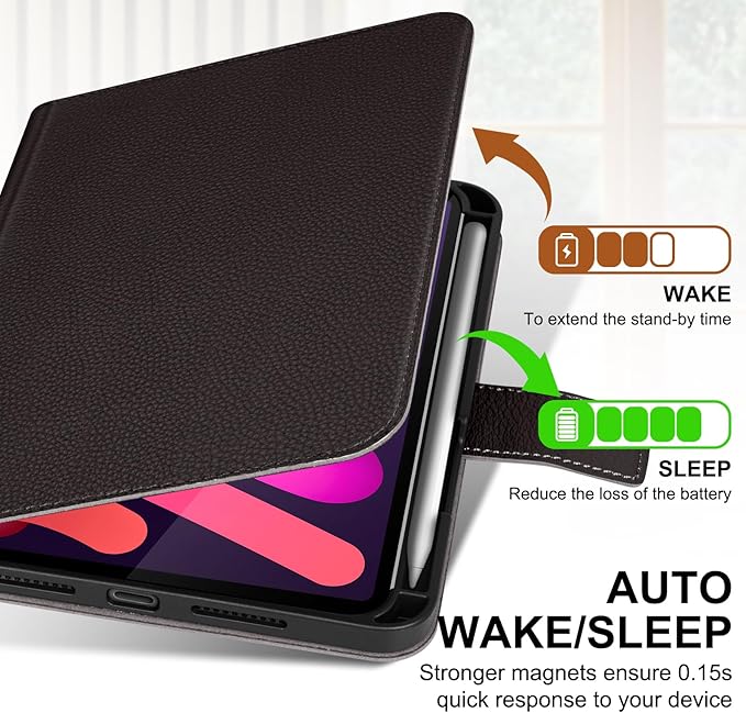 Genuine Leather Case for iPad mini 7th/6th Gen 8.3 Inch 2024/2021 | with Pencil Holder and Adjustable Stand, Magnetic Closure, Auto Wake/Sleep Cover | Dark Brown